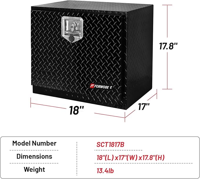 FORWODE 18x17x18 Inch Underbody Truck Tool Box Aluminum Trailer Tool Box with Lock & Foldable T-Handle Waterproof Truck Storage Box for Pickup Truck, Trailer, RV, ATV, Indoor（BLACK）