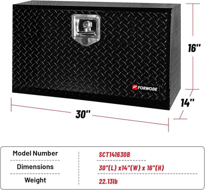 FORWODE 30x14x16 Inch Underbody Truck Tool Box Aluminum Trailer Tool Box with Lock & Foldable T-Handle Waterproof Truck Storage Box for Pickup Truck, Trailer, RV, ATV, Indoor（BLACK）