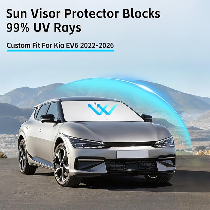 Windshield Sun Shade for Kia EV6 2022-2026 Sunshade 300T Windshield Cover Shield Protector Blocks UV Rays Custom Fit EV6 Front Window Shades Windshield Accessories Keep Cool Foldable