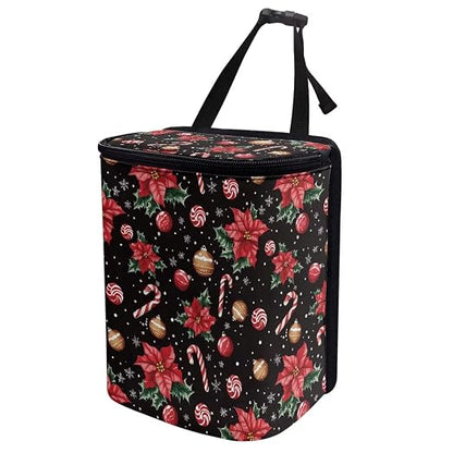 Poinsettia Flower Candy Cane Pattern Car Trash Can Leakproof Garbage Bag with Lid and Zipper 1.2Gal Trash Bin Hanging for Back Seat Christmas Car Decor