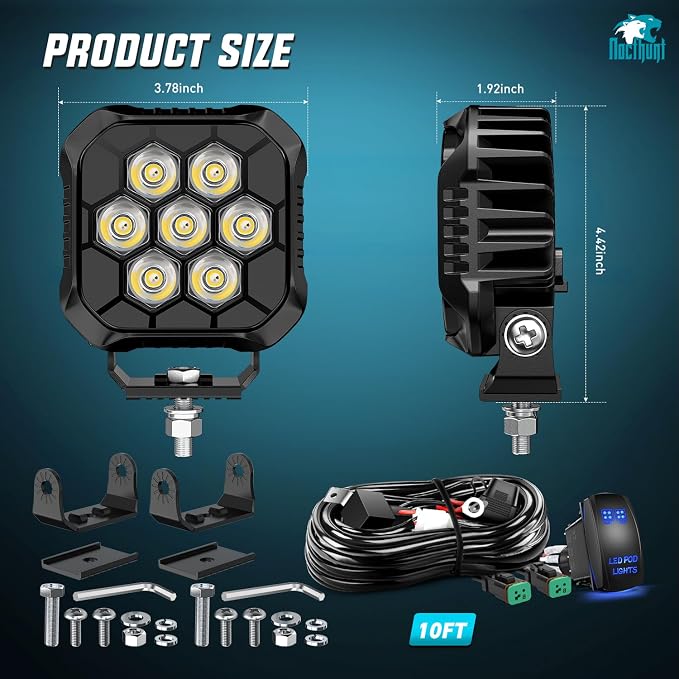 Nilight LED Pod Light 2 PCS 3.8 Inch 35 W 7 LED Square Hyper Spot Beam Offroad Driving Lights w/16 AWG Rocker Switch Wiring Harness Kit for Truck Motorbike Boat ATV UTV