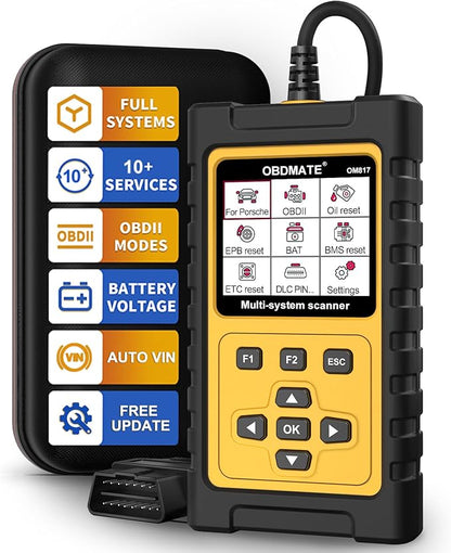 OBD2 Scanner for Porsche, OM817 Full System Diagnostic Tool, 10 Popular Reset Services, Read&Clear Codes, Auto VIN, Battery Test, One-Key I/M Readiness, No Subscriptions Lifetime Update