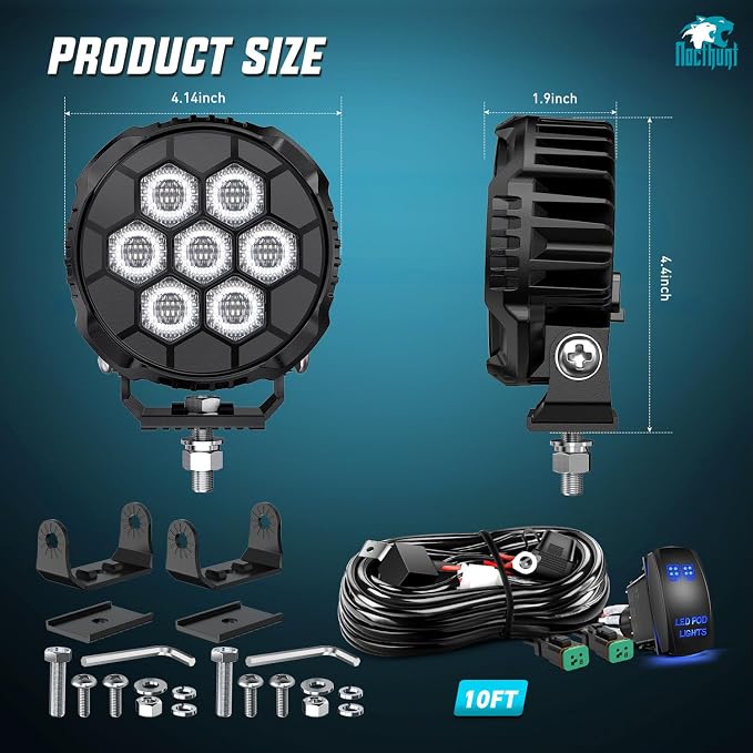 Nilight LED Pod Light 2 PCS 4.1 Inch 45 W 9 LED Round Hyper Flood Beam Offroad Driving Lights w/16 AWG Rocker Switch Wiring Harness Kit for Truck Motorbike Boat ATV UTV