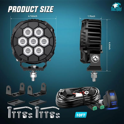 Nilight LED Pod Light 2 PCS 4.1 Inch 45 W 9 LED Round Hyper Flood Beam Offroad Driving Lights w/16 AWG Rocker Switch Wiring Harness Kit for Truck Motorbike Boat ATV UTV
