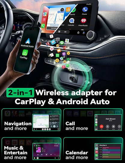 Wireless Carplay & Android Auto Adapter, Metal Design Mini & Stable 2-in-1 Dongle, Convert Vehicle's Wired CarPlay/Android Auto to Wireless, for iOS 10+/Android 11+ & Cars from 2016