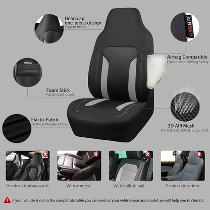 CAR PASS Bucket Gray Car Seat Cover Front Seats, 3D Air Mesh-100% Breathable Sporty Fabric High Back Airbag Compatible, Universal Fit Automotive SUV Truck Sedan Vans, Two Front 2 Piece Black Gray