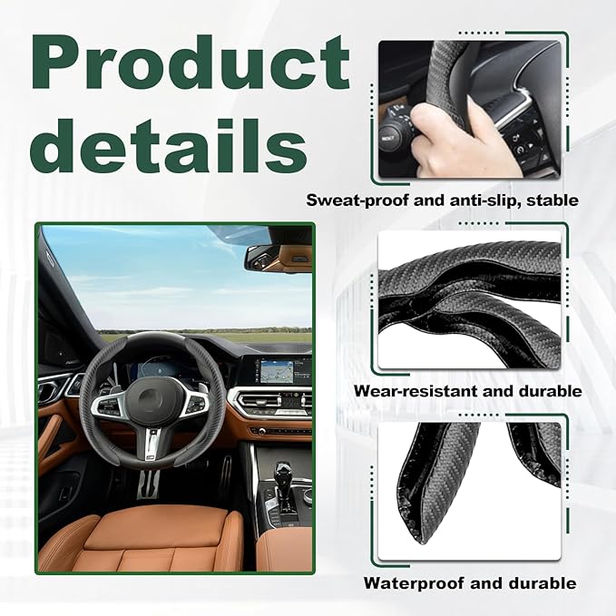 2pcs Carbon Fiber Anti-Skid Steering Wheel Cover, Anti-Skid Steering Wheel Cover/Segmented Steering Wheel Protector/Car Interior Accessories for Men/Women - Durable(Black)