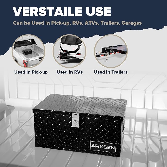 ARKSEN 20 x 12 x 10 Inch Diamond Plate Truck Bed Tool Box, Heavy Duty Waterproof Aluminum Storage Chest with Side Handle & Lock for Pickup Truck Bed, RV & Trailer Black