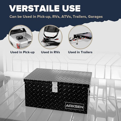 ARKSEN 20 x 12 x 10 Inch Diamond Plate Truck Bed Tool Box, Heavy Duty Waterproof Aluminum Storage Chest with Side Handle & Lock for Pickup Truck Bed, RV & Trailer Black