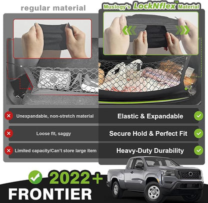 Muslogy Truck Bed Cargo Net Trunk Netting Compatible with Nissan Frontier 2022-2025 2026 (Extra Support Frame) Accessories, Pickup Cargo Organizer SUV Sedan Storage Net w/Heavy Duty Carabiners