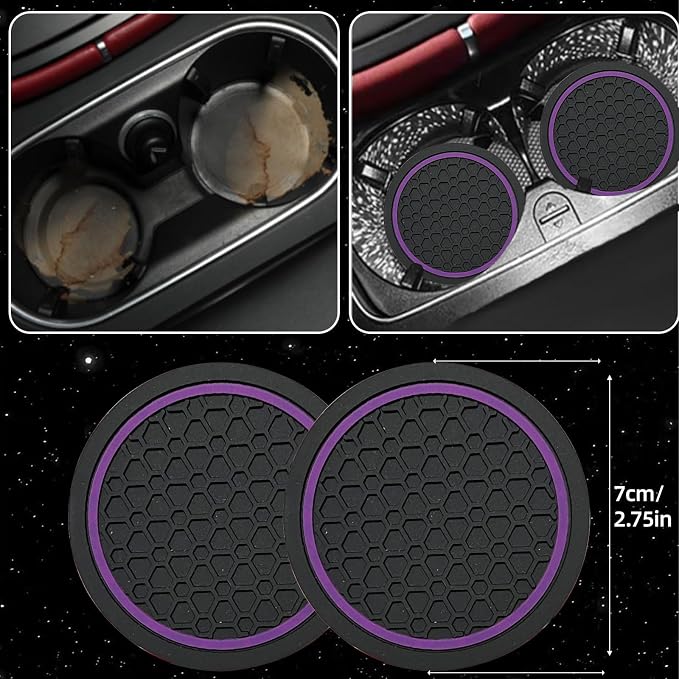 NBTEPEM 6 Pcs Purple Car Accessories Set, Sport Leather Steering Wheel Cover 14.5-15inch Universal, Leather Car Center Console Cover, Seat Belt Cushion, Cup Holder Coaster (Black-Purple)