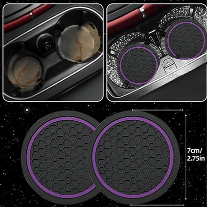 NBTEPEM 6 Pcs Purple Car Accessories Set, Sport Leather Steering Wheel Cover 14.5-15inch Universal, Leather Car Center Console Cover, Seat Belt Cushion, Cup Holder Coaster (Black-Purple)