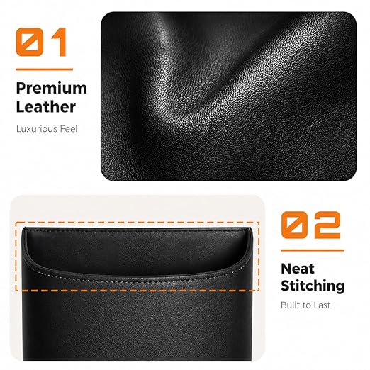 COZILO Leather Car Trash Can – Leakproof & Easy-to-Clean Car Garbage Can for Luxury Cars, SUVs & Trucks | Includes 60 Custom Liners, Secure Hook, Easy Install, Black
