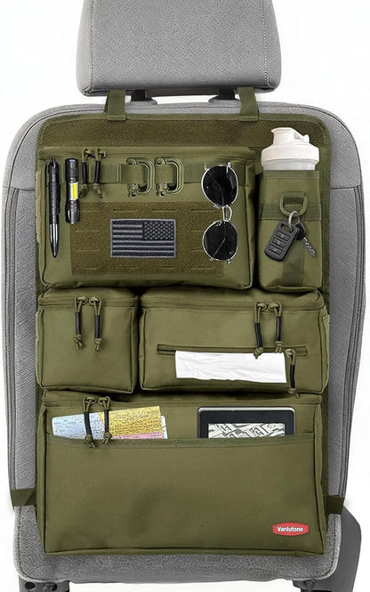 Tactical Seat Back Organizer Heavy Duty MOLLE Panel Organizer with Multiple Pockets & Hook Loop Panel for Road Trip Essentials, Universal Fit for Car SUV Truck Jeep (Army Green)