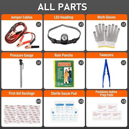 Emergency Car Tool Kit Roadside Assistance Tool Kit, Vehicle Safety Tool with Headlamp, Gloves and Jumper Cable Kit, Essential Car Accessories for Men, Women