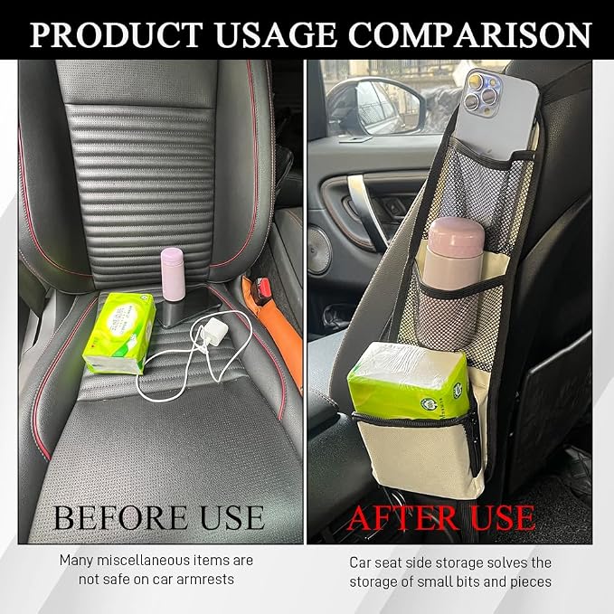 2PCS Car Seat Side Organizer, Seat Side Storage Pocket, Multifunctional Mesh Net Pocket, Car Multi-Pockets Backseat Organizer Side Hanging Bag for Storage Coins, Cell Phones (Beige, 2PCS)