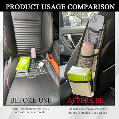 Car Seat Side Organizer, Seat Side Storage Pocket, Multifunctional Mesh Net Pocket, Car Multi-Pockets Backseat Organizer Side Hanging Bag for Storage Coins, Cell Phones, Glasses (Beige, 1PCS)