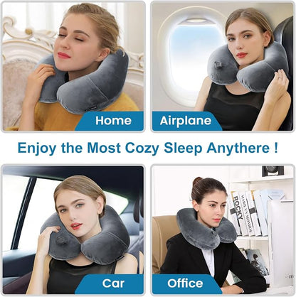 Keemall Inflatable Travel Neck Pillow, Super Soft Plane Neck Support Pillow for Travel Ariplane Sleep Support, Adjustable Neck Cushion Headrest Pillow, Folds Up Nicely, Black Grey
