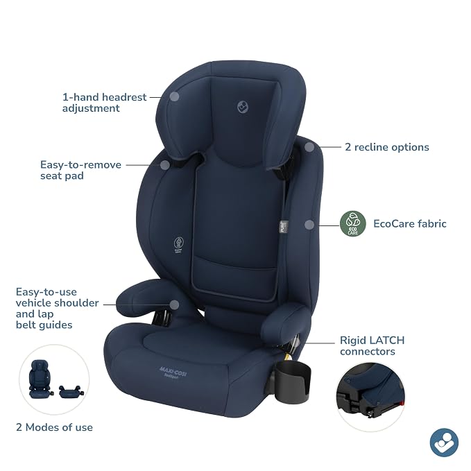 Maxi-Cosi RodiSport Kids Booster Car Seat, High-Back, Backless Booster Seat, 7-Position Headrest, Easy Latch System, Reclining Chair, Belt Guide, Fits 40-100 lbs, 43.4-57 in, Seafaring