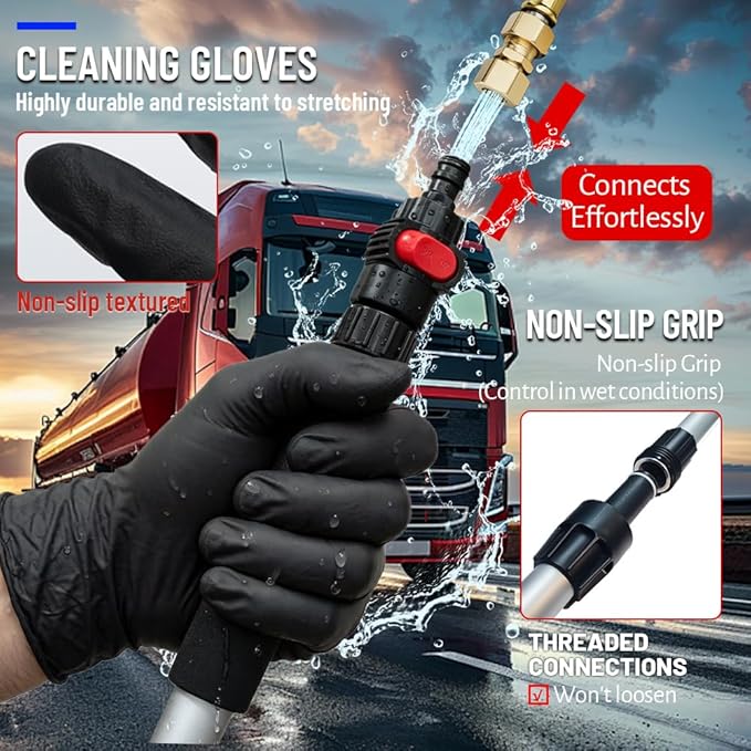 65" Flow-Thru Car Wash Brush with Pole, Red, 4-Head Kit | Red soft bristle brush with 3 extra detail brushes (tire scrubber & 2 stiff). 4-head heavy duty truck wash kit with bag.