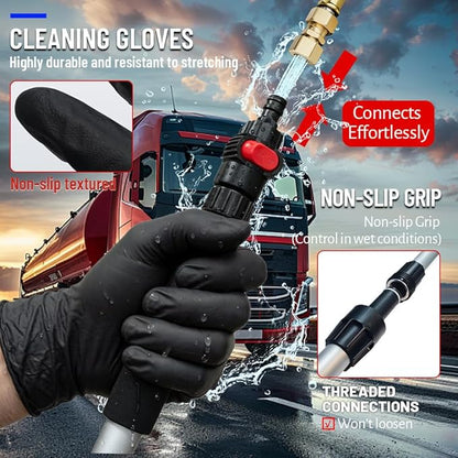 65" Flow-Thru Car Wash Brush with Pole, Red, 4-Head Kit | Red soft bristle brush with 3 extra detail brushes (tire scrubber & 2 stiff). 4-head heavy duty truck wash kit with bag.