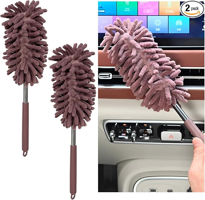 2PCS Car Interior Duster with Extension Pole, 11.8" to 30.5" Retractable Dusters Auto Dash Cleaning Tool, Soft Chenille Hand Washable Dusters for Car Window Furniture Office (Khaki)