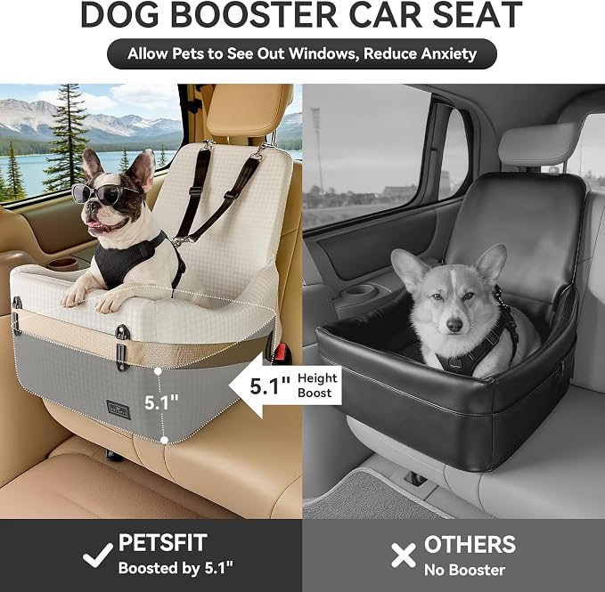 PETSFIT Dog Booster Car Seat for Small/Medium Dogs Up to 35 lbs – Patented Safety System, 5" Memory Foam Pet Car Seat, Fully Detachable and Washable Cover, Front/Back Seat Travel Booster (Beige)