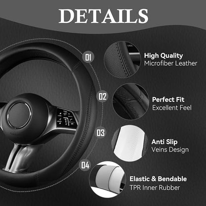 CAR PASS Microfiber Leather Steering Wheel Cover and Waterproof Car Floor Mats,Universal Car Combo Fit for 95% Sedan,SUV,Cars,14.5-15inch Anti-Slip Safety Comfortable Faux Leather Design(Solid Black)