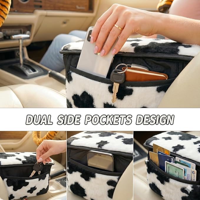 5 Pcs Fuzzy Animal Print Car Accessories Set, Soft Fluffy Plush Steering Wheel Cover, Center Console Armrest Pad & Rearview Mirror Cover - Interior Decorations for Women,Universal Fit (Cow Print)