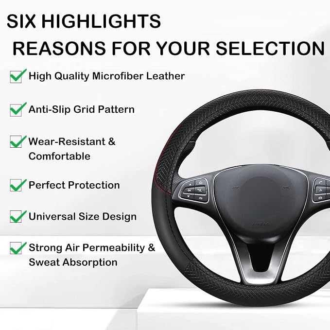 Leather Patchwork Black Steering Wheel Cover, 14.5-15 Inch Non-Slip Breathable Microfiber Car Steering Wheel Protector