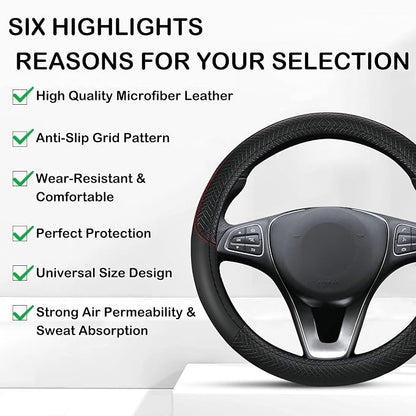 Leather Patchwork Black Steering Wheel Cover, 14.5-15 Inch Non-Slip Breathable Microfiber Car Steering Wheel Protector