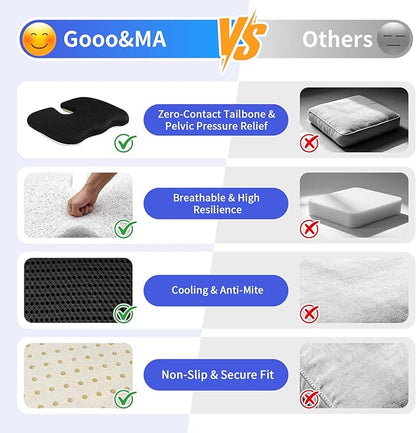 Gooo&Ma Car Seat Cushion & Office Chair Pad - Air Fiber Breathable U-Shape Cooling Cushion for Tailbone Comfort, Driving, Desk & Gaming, Ergonomic Washable Seat Pad with Non-Slip Base(Black)