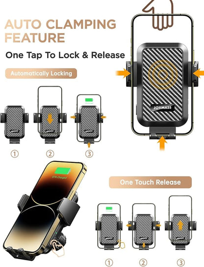 Wireless Car Charger, 15W Fast Charging Auto Clamping Car Charger Cell Phone Holder Mount Vent for iPhone 15 14 13 12 Mini Pro Max 11 XR XS X, Samsung Galaxy S23 Ultra S22 S21+ Note 20, etc