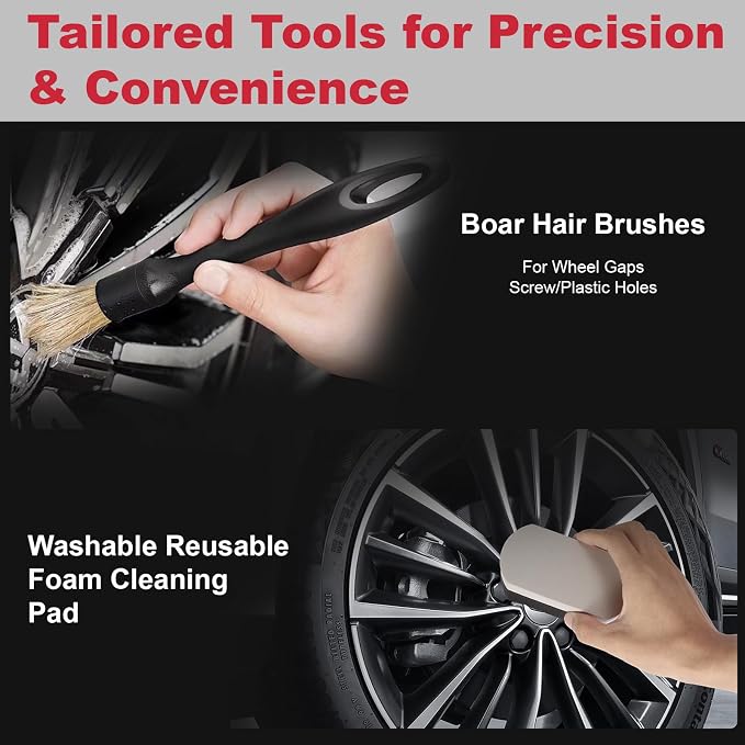 9PCS Professional Wheel Detailing Kit - Microfiber Flat Rim Brush w/Removable Cover, Boar Hair Detail Brush, Cleaning Pads, Towel & Storage Bag | Scratch-Free for All Vehicles