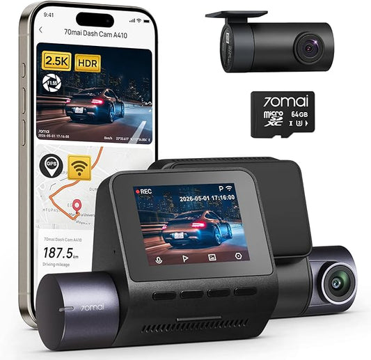 70mai Dash Cam Front and Rear - 2.5K+1080P Dual Dash Camera with HDR, Super Night Vision, F1.55 Aperture, 24H Parking Mode, Built-in Wi-Fi & GPS, G-Sensor, Loop Recording, 64GB Card Included (A410)