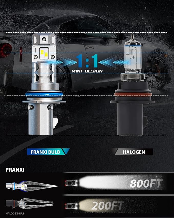 FRANXI 9007/HB5 LED Bulbs fog light bulb, Hi/Low Beam, 1:1 Mini Size, 60W Super Bright 6000K Cool White Plug and Play, IP67 Waterproof Accessory Light., Pack of 2