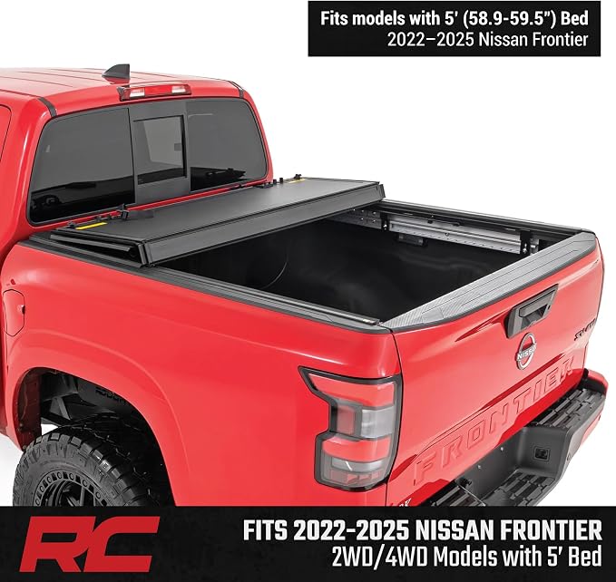 Rough Country Hard Tri-Fold Flip Up Truck Bed Tonneau Cover for Nissan Frontier (2022-2025) - Fits 5' (58.9-59.5") Bed, All-Weather, Flush Aluminum Panels
