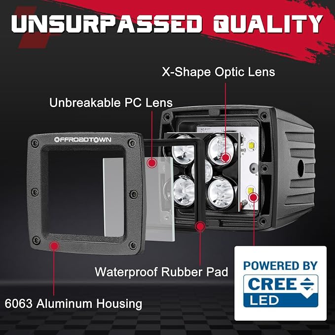 OFFROADTOWN LED Cubes 3" 100W CREE LED Pods with Wiring Harness and Black Cover Spot Off Road Driving Lights Ditch Light Fog Light for Trucks Pickup Motorcycle UTV ATV SUV Boat