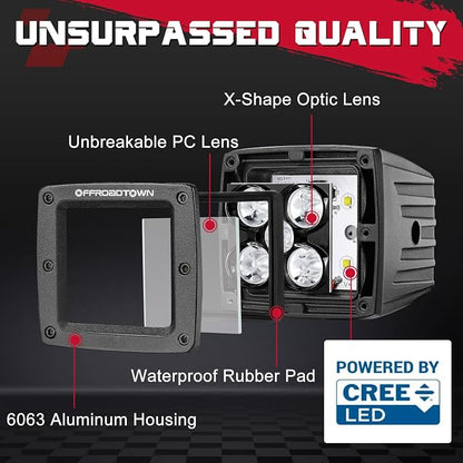 OFFROADTOWN LED Cubes 3" 100W CREE LED Pods with Wiring Harness and Black Cover Spot Off Road Driving Lights Ditch Light Fog Light for Trucks Pickup Motorcycle UTV ATV SUV Boat