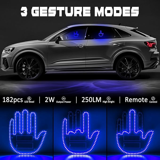 DIBMS Hand Gesture Light with Remote, Red LED Finger Funny Window Sign Light Accessories for Car Truck (Blue)