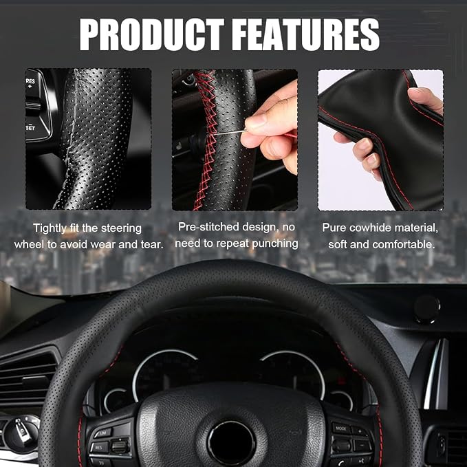 Wevdn Genuine Leather Steering Wheel Cover, Stitch on Wrap, DIY Sewing Steering Wheel Protector, 15 Inch Breathable Non-Slip Steering Wheel Protector, Car Accessories (Black & Red, Middle Hole)
