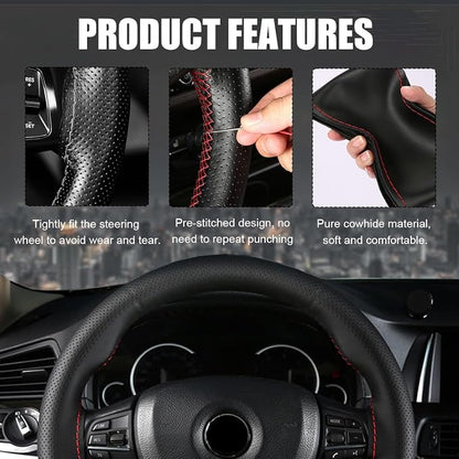 Wevdn Genuine Leather Steering Wheel Cover, Stitch on Wrap, DIY Sewing Steering Wheel Protector, 15 Inch Breathable Non-Slip Steering Wheel Protector, Car Accessories (Beige, Middle Hole)