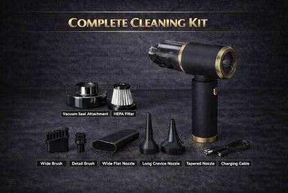 Portable Car Vacuum and Air Duster, 9000pa Suction, 4000mah Battery, USB-C Charging, Black and Gold, with 6 Attachments