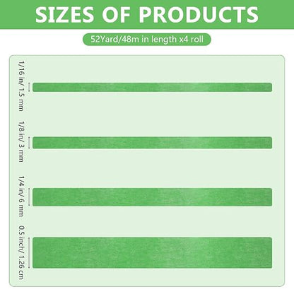 Epakh 4 Pack Painters Tape, Pinstripe Masking Tapes in 1/16, 1/8, 1/4 and 1/2 Inch Wide Suitable for Multi-Surface Automotive DIY Painting Labeling Arts Crafts Car Spray General Purpose(Green,52 yd)