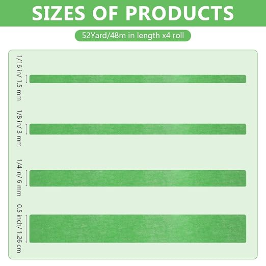 Epakh 4 Pack Painters Tape, Pinstripe Masking Tapes in 1/16, 1/8, 1/4 and 1/2 Inch Wide Suitable for Multi-Surface Automotive DIY Painting Labeling Arts Crafts Car Spray General Purpose(Green,52 yd)
