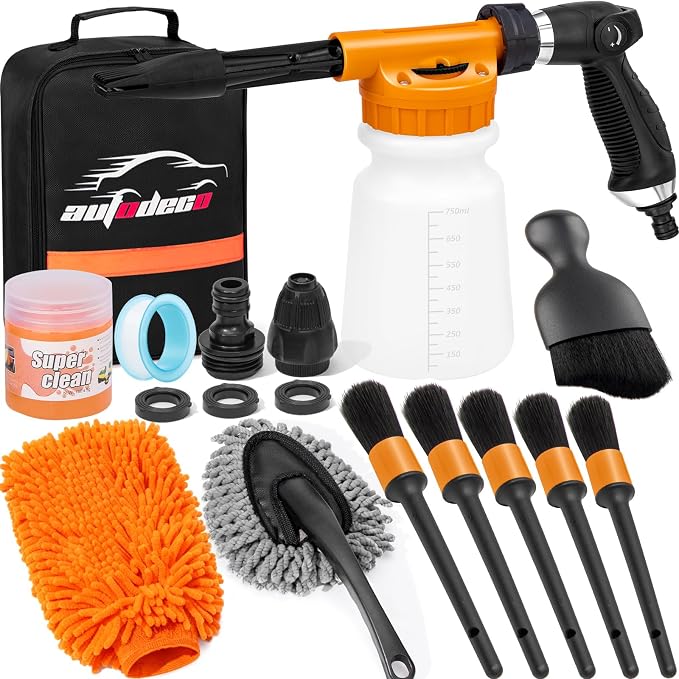 Car Wash Detailing Kit Cleaning Kits with Foam Gun Sprayer, Car Wash Brush and Large Wash Mitt Duster for Car Interior and Exterior Cleaning (Orange)