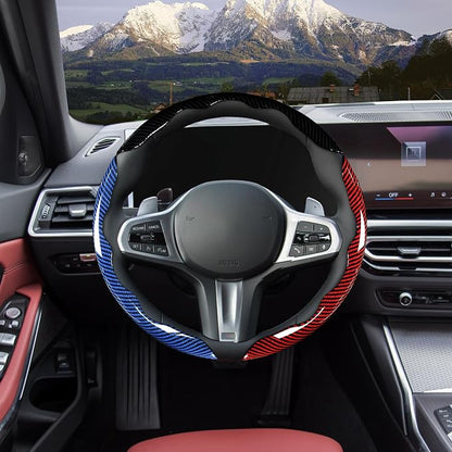 Carbon Fiber Steering Wheel Cover 3pcs Set Car Steering Wheel Accessories 14.5-15 inch Universal (Black Red Blue)