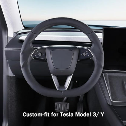Steering Wheel Cover for Tesla Model 3 2024-Present Highland/Tesla Model Y Juniper 2025-Present, Leather Steering Wheel Cover for Tesla Model 3 Highland/Y Juniper Accessories, Black