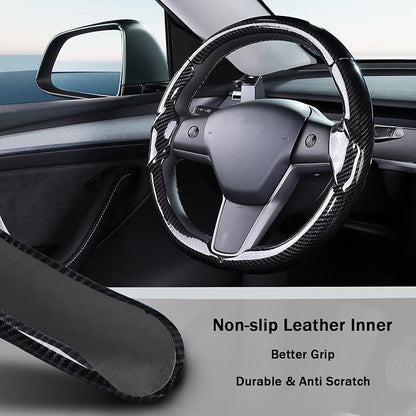 Steering Wheel Cover for 2017-2023 Tesla Model 3 2020-2024 Tesla Model Y, Carbon Fiber Steering Wheel Cover for Tesla Model 3/Y Accessories, Glossy Black