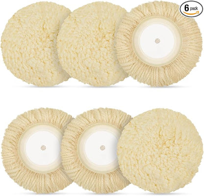 Tallew 6 Pcs 5 Inch Wool Polishing Pad Hook Loop Buffing Pad for Drill Curved Edge Compound Cutting Tool Drill Polisher Attachment Wheel Polish Kit Car Body Repair Buffing